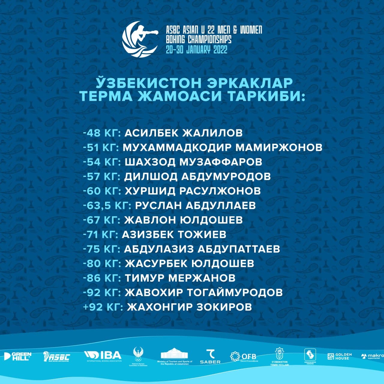 Бокс. Тошкентда бўлиб ўтадиган Осиё чемпионатида иштирок этадиган боксчиларимиз рўйхати (эркаклар)