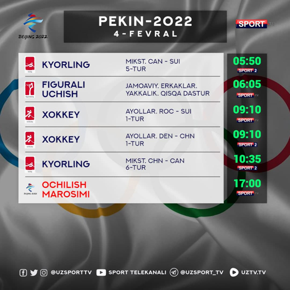Пекин — 2022. Бугун трансляция қилинадиган олимпия ўйинлари дастури