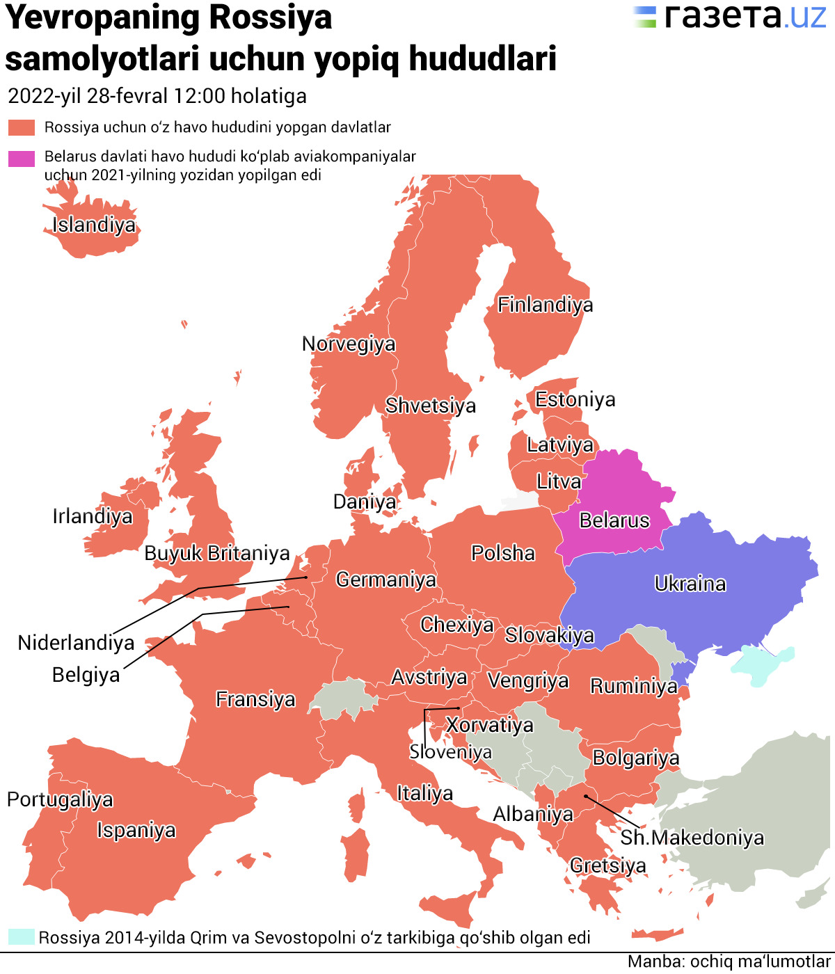 Қайси давлатлар Россия учун ўз ҳаво ҳудудларини ёпди?