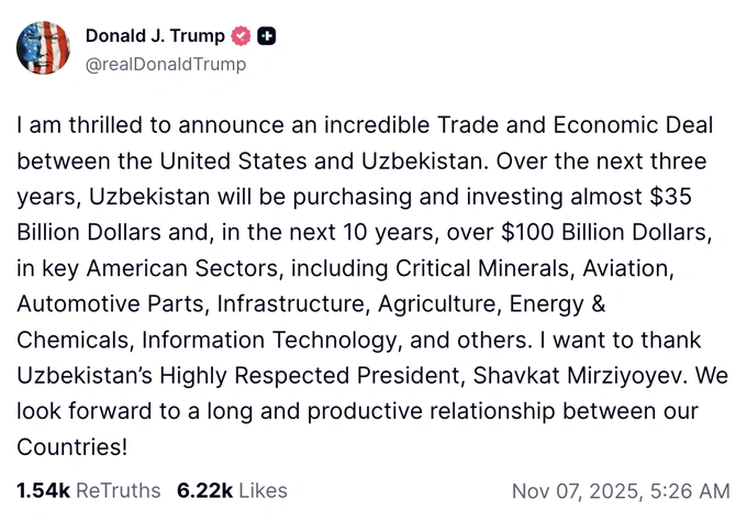 «Келгуси 10 йилда Ўзбекистон АҚШга 100 млрд доллардан ортиқ инвестиция киритади ва харидни амалга оширади» — Трамп