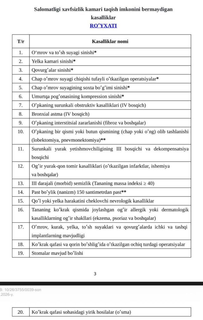 Фуқароларга хавфсизлик камарини тақмаслик мумкин бўлган 20та касалликлар рўйхати тасдиқланди