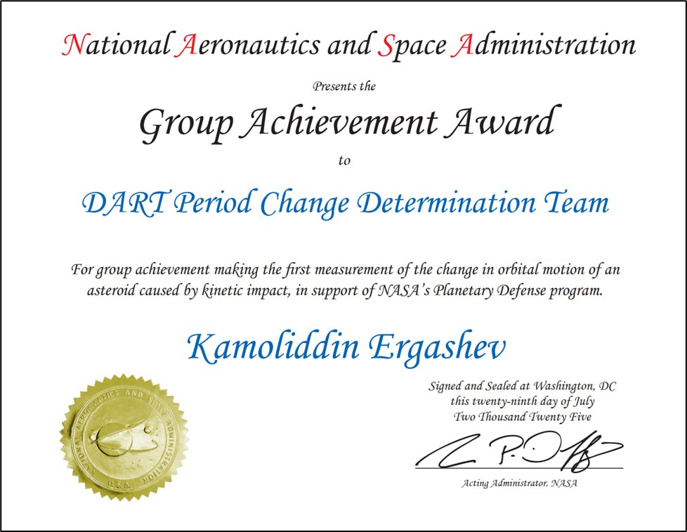 Фанлар академияси Астрономия институти олимлари NASA халқаро мукофоти билан тақдирланди