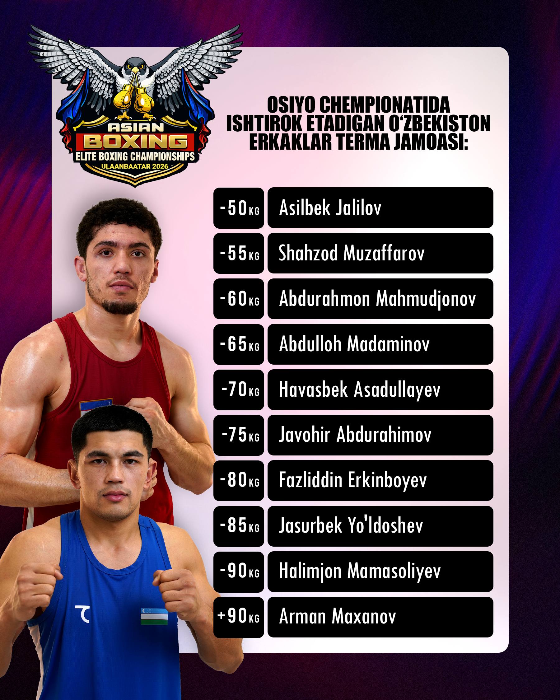 Осиё чемпионатида қатнашадиган боксчиларимиз номи маълум