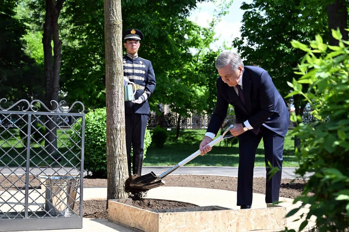 Шавкат Мирзиёев Амир Темур ҳайкали пойига гулчамбар қўйиб, боғга кўчат экди