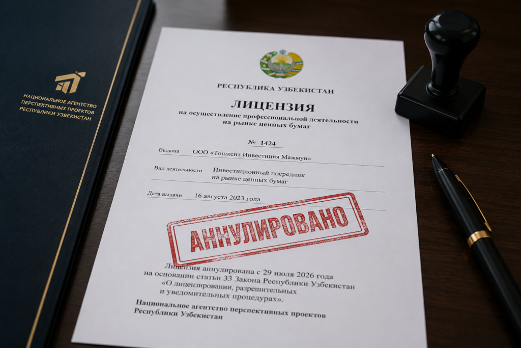 «Тошкент Инвестиция Мажмуи»нинг инвестиция воситачиси сифатидаги лицензияси бекор қилинди