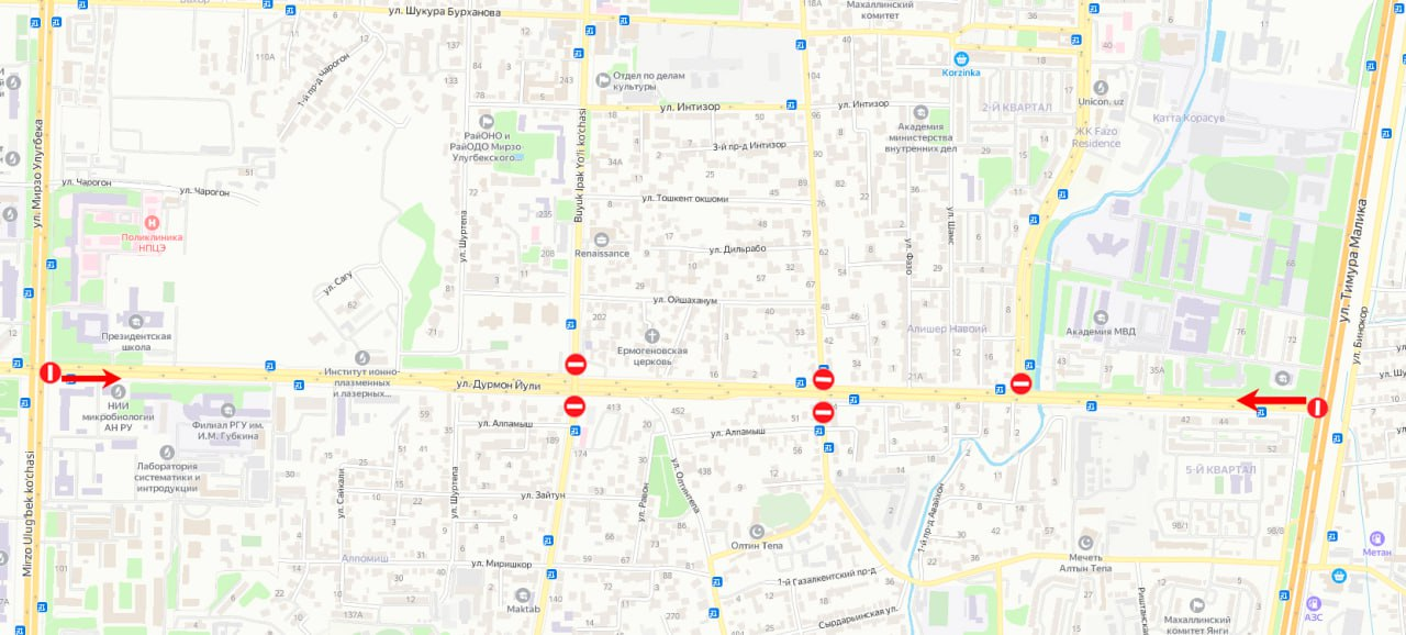 Мирзо Улуғбек туманидаги Дўрмон йўли кўчаси вақтинчалик ёпилади — харита