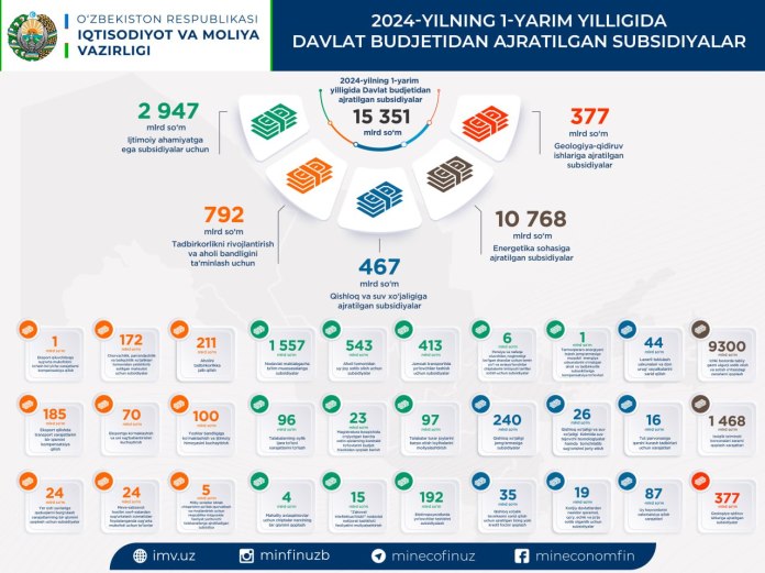 1-ярим йилликда Давлат бюджетидан 15 351 млрд сўм субсидия ажратилди (инфографика)