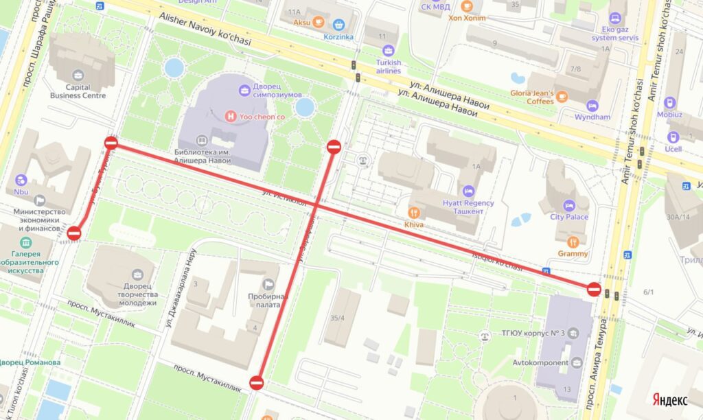 Миллий кутубхонаси олди майдони ва Тарас Шевченко кўчасида автотранспорт воситалари ҳаракати вақтинча чекланади — Харита