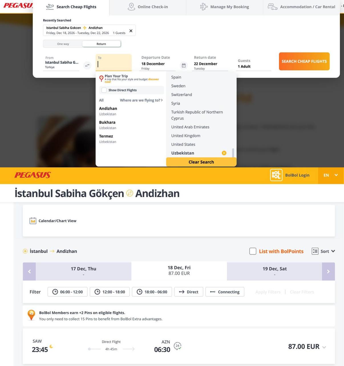 Pegasus Ўзбекистоннинг учта шаҳрига доимий парвозларни йўлга қўяди